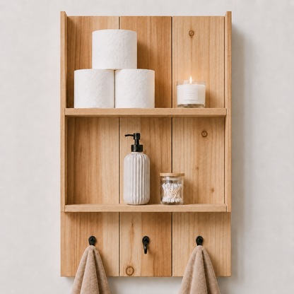 Burkstone Bathroom Shelf with Hooks | Rustic Wall Storage Organizer