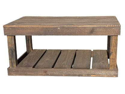 Handcrafted solid wood coffee table with dark walnut finish, floor shelf, rustic modern design.
