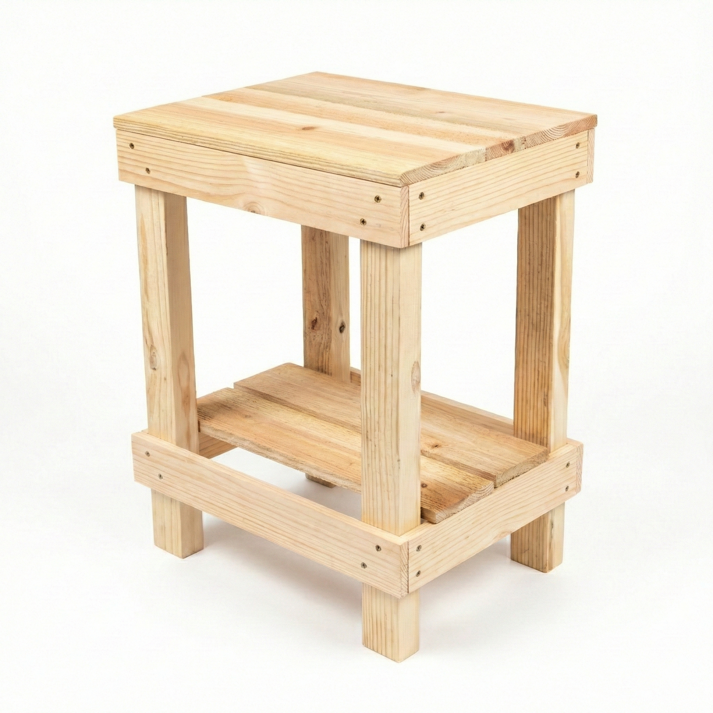 Rustic farmhouse solid wood handmade end table with open shelves and natural finish next to gray sofa.
