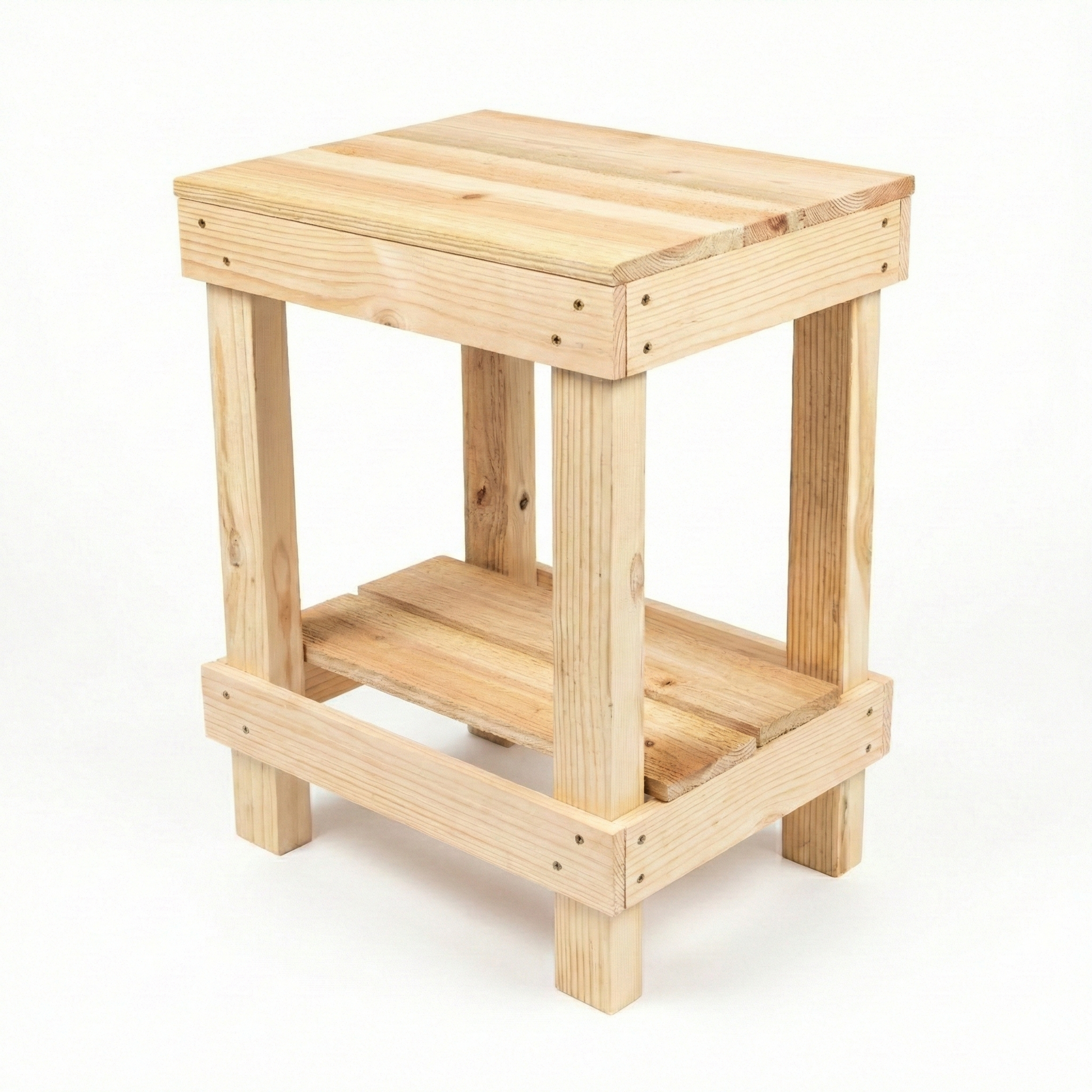 Rustic farmhouse solid wood handmade end table with open shelves and natural finish next to gray sofa.