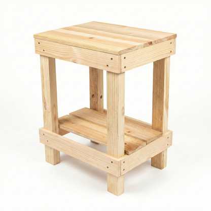Rustic farmhouse solid wood handmade end table with open shelves and natural finish next to gray sofa.