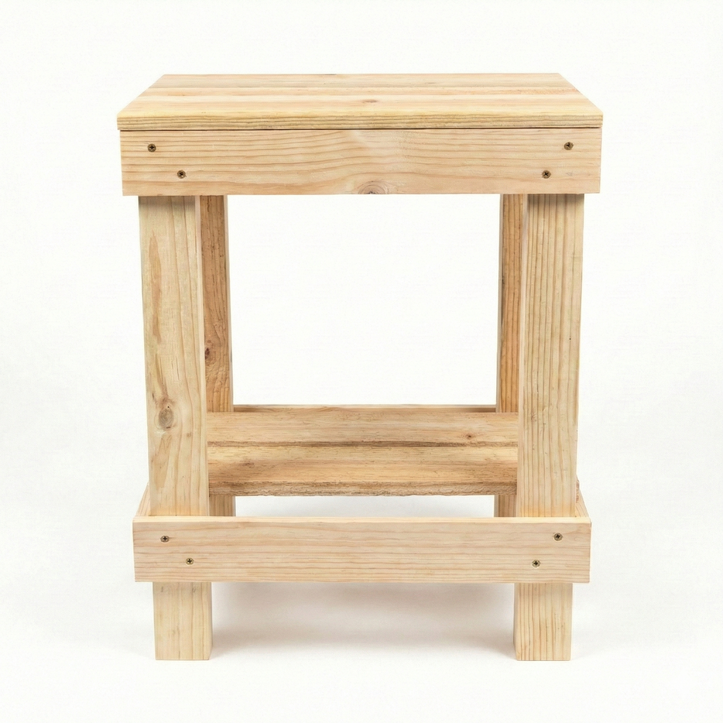 Rustic farmhouse solid wood handmade end table with open shelves and natural finish next to gray sofa.
