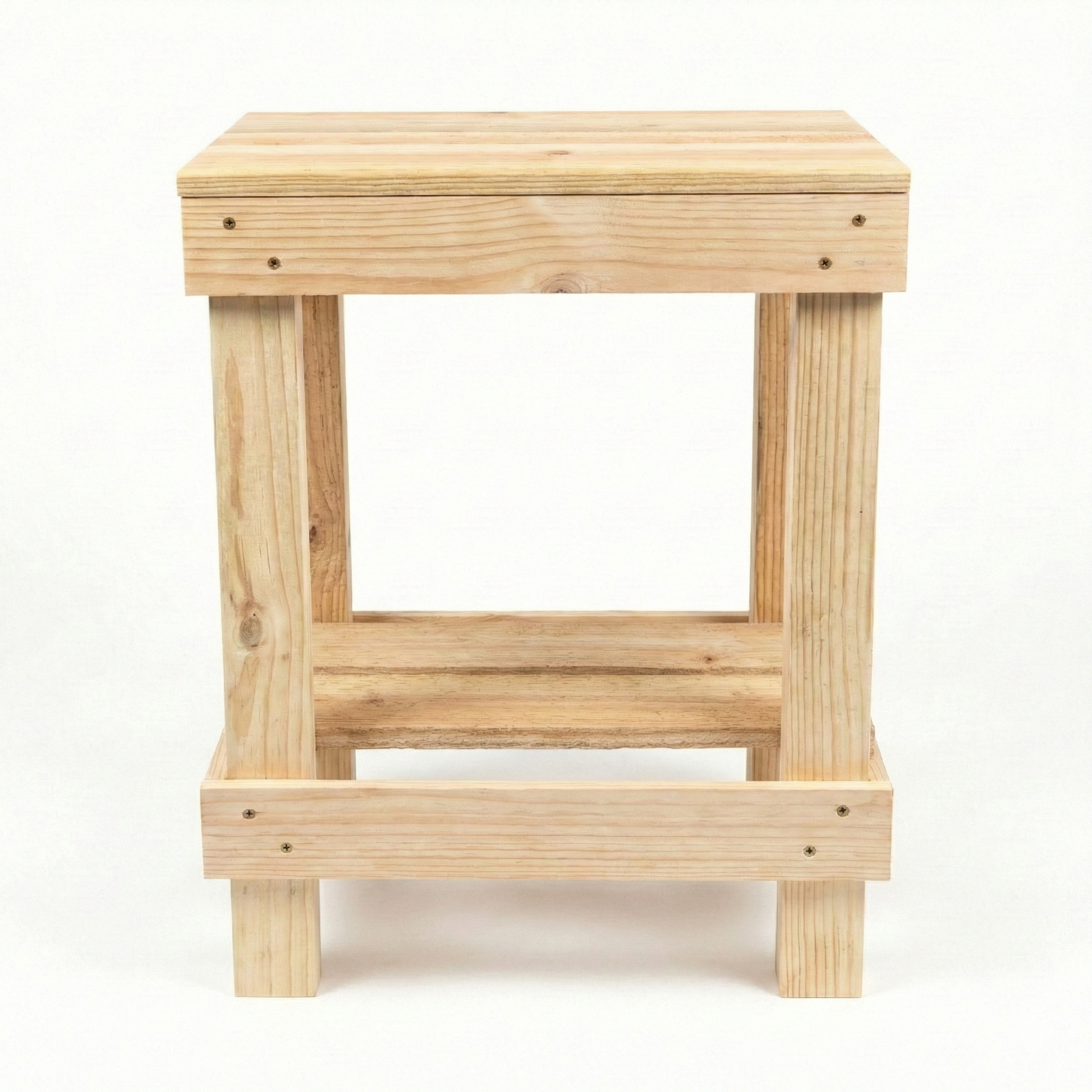 Rustic farmhouse solid wood handmade end table with open shelves and natural finish next to gray sofa.