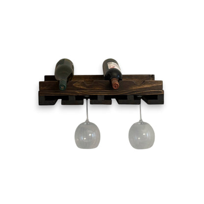 Handmade solid wood wine rack with hanging slots for stemware, modern rustic floating shelf in dark walnut.