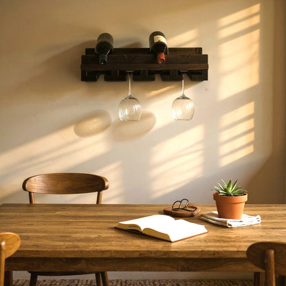 Handmade solid wood wine rack with hanging slots for stemware, modern rustic floating shelf in dark walnut.