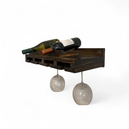 Handmade solid wood wine rack with hanging slots for stemware, modern rustic floating shelf in dark walnut.