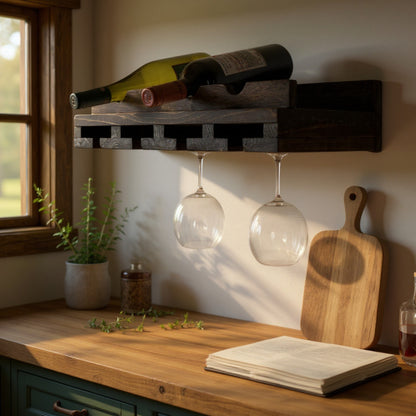 Rustic Luxe Wall Mounted Wine Rack with Glass Holder Combo