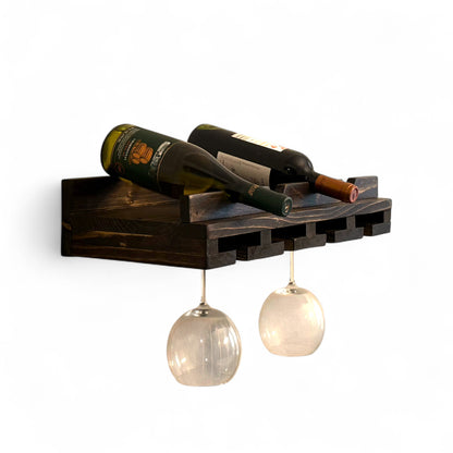 Handmade solid wood wine rack with hanging slots for stemware, modern rustic floating shelf in dark walnut.