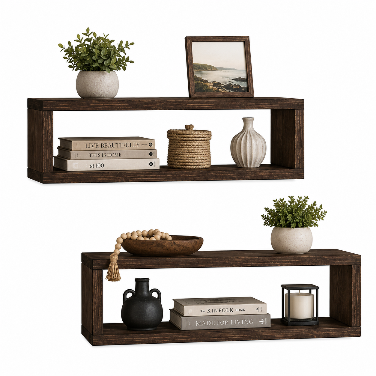 Gallery Box Shelf Set of 2, Solid Wood Floating Wall Shelves, Open Frame Display Shelves for Farmhouse Home Decor