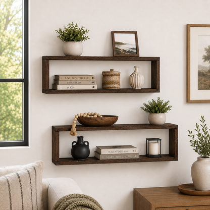 Gallery Box Shelf Set of 2, Solid Wood Floating Wall Shelves, Open Frame Display Shelves for Farmhouse Home Decor