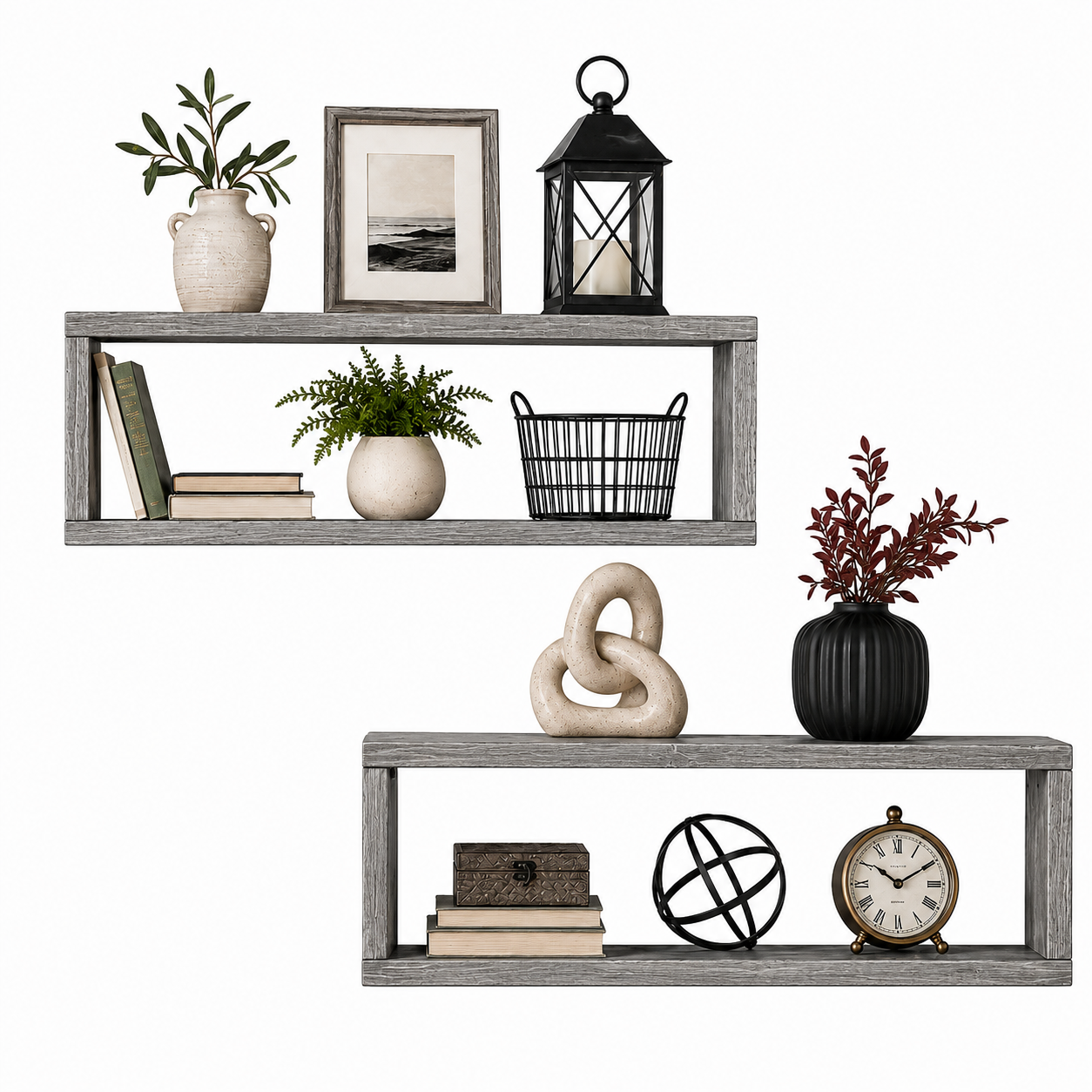 Gallery Box Shelf Set of 2, Solid Wood Floating Wall Shelves, Open Frame Display Shelves for Farmhouse Home Decor