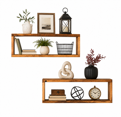 Gallery Box Shelf Set of 2, Solid Wood Floating Wall Shelves, Open Frame Display Shelves for Farmhouse Home Decor