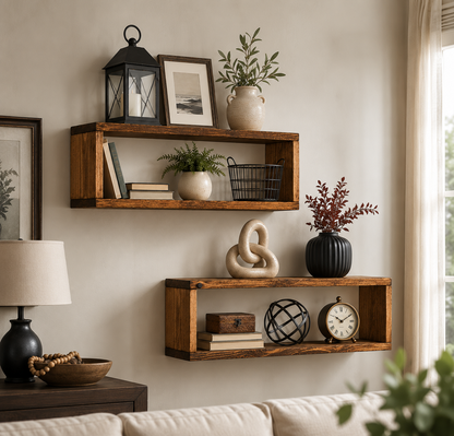 Gallery Box Shelf Set of 2, Solid Wood Floating Wall Shelves, Open Frame Display Shelves for Farmhouse Home Decor
