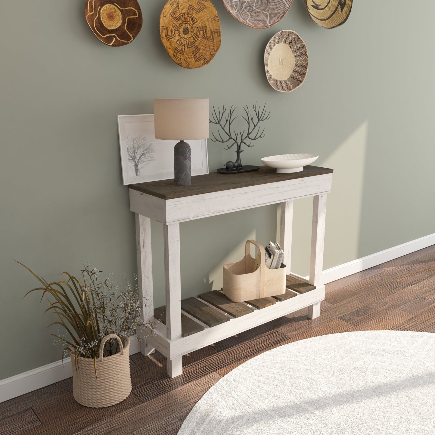 Reclaimed wood Farmhouse Entry Table/ Sofa Table - Intrinsic Haven Accent Table Dark Walnut/White