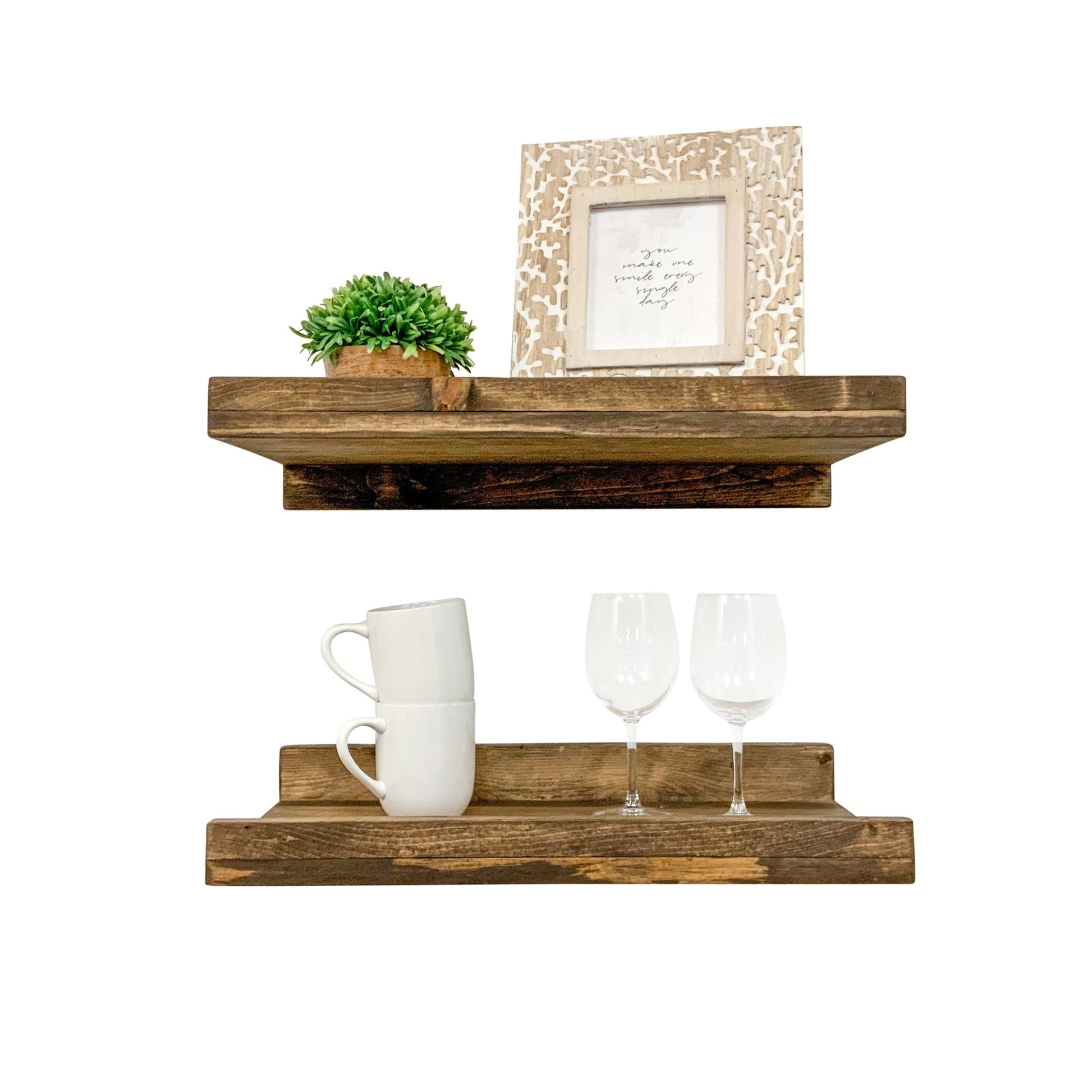 Rustic Luxe Pine Wood Floating Wall Shelves, Set of 2 - Intrinsic Haven Wall Mounted Shelves 20 in Dark Brown