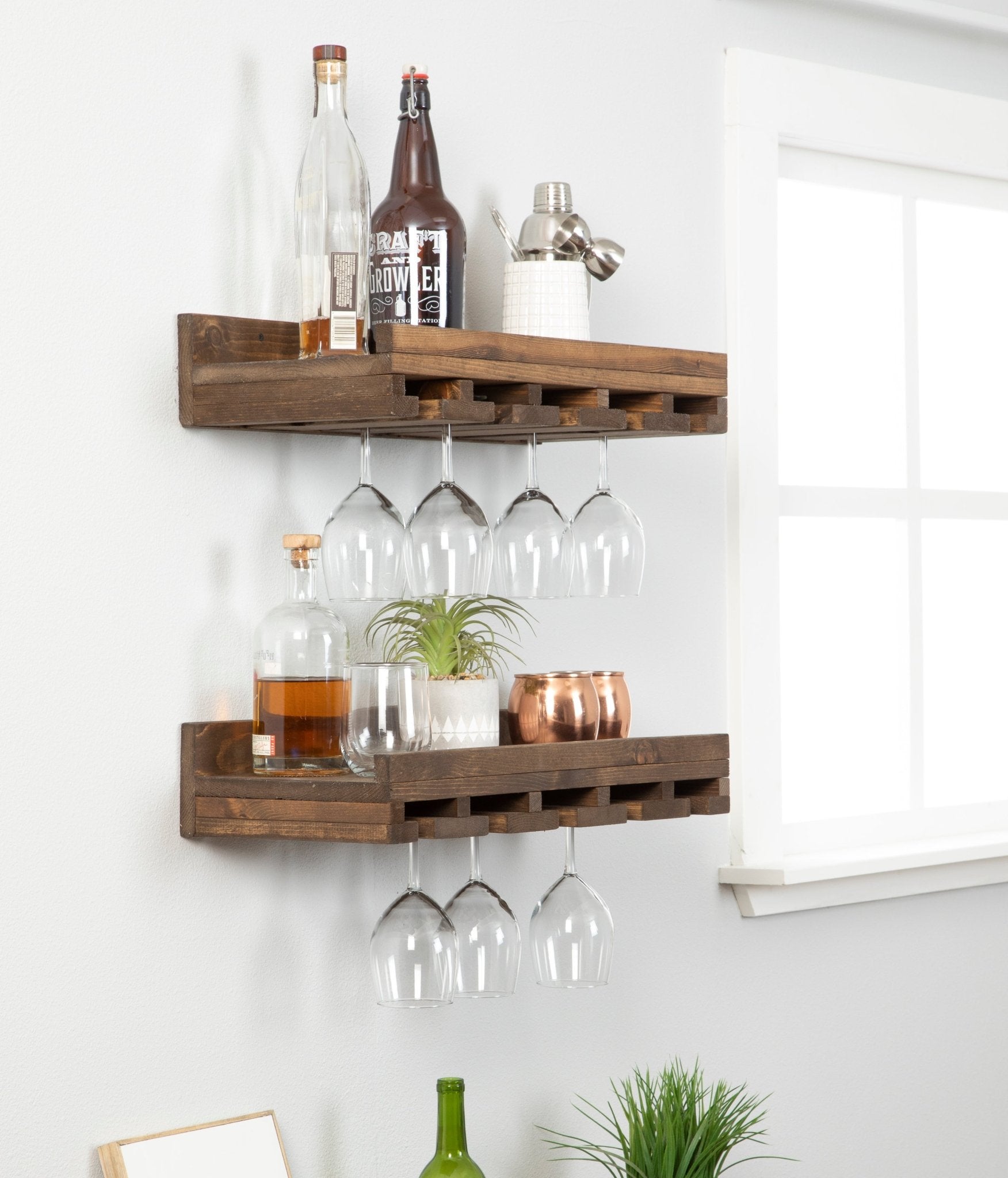 Rustic Luxe Stemware Wall Mounted Wine Rack Shelves, Set of 2 - Intrinsic Haven Wine Rack 20" Dark Walnut