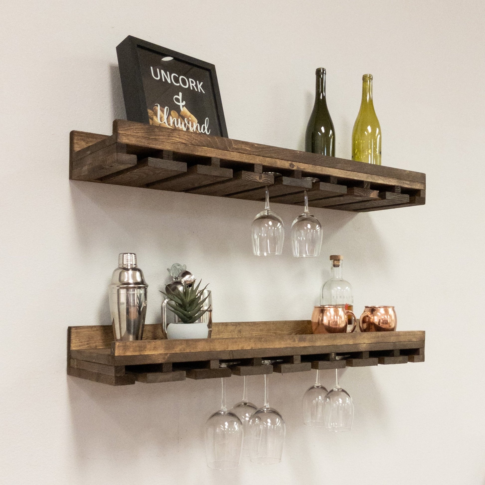 Rustic Luxe Stemware Wall Mounted Wine Rack Shelves, Set of 2 - Intrinsic Haven Wine Rack 30" Dark Walnut