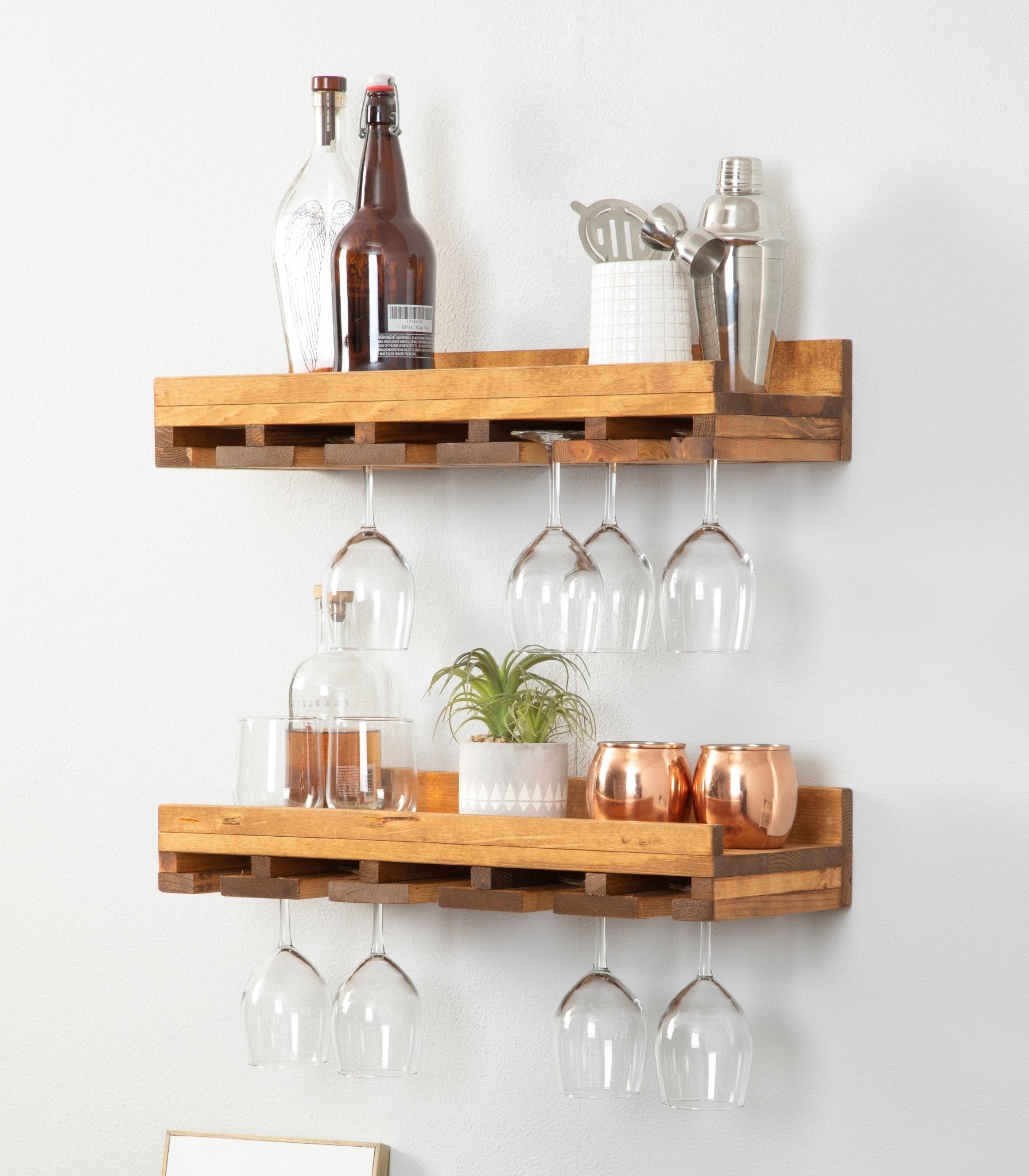 Rustic Luxe Stemware Wall Mounted Wine Rack Shelves, Set of 2 - Intrinsic Haven Wine Rack 20" Walnut