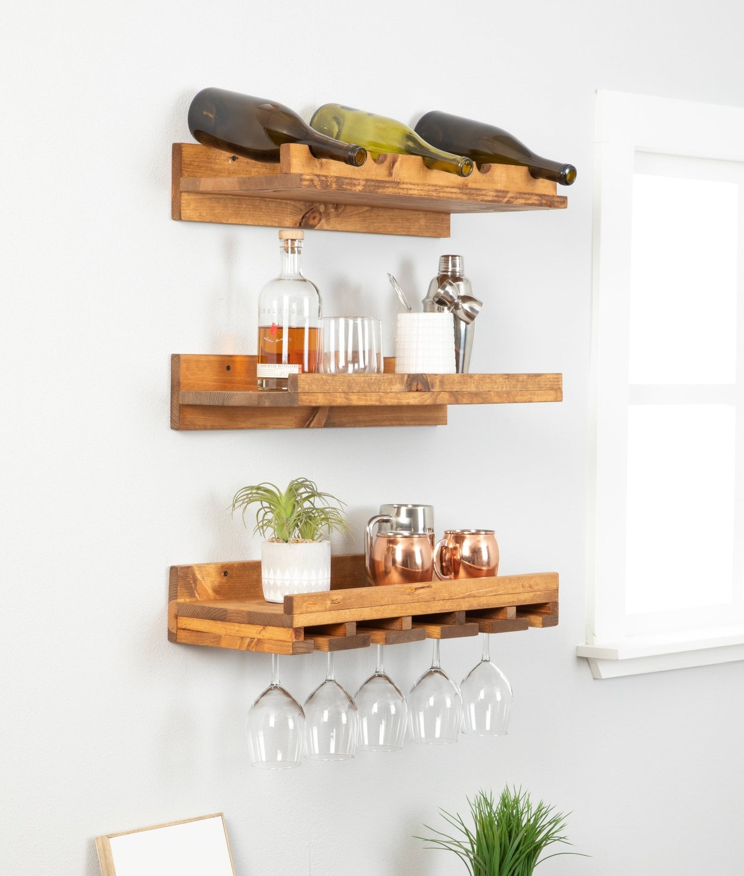 Rustic Luxe Three-tier Wall Mounted Wine Rack and Glass Stem Holder Set - Intrinsic Haven Wine Rack Walnut 24"