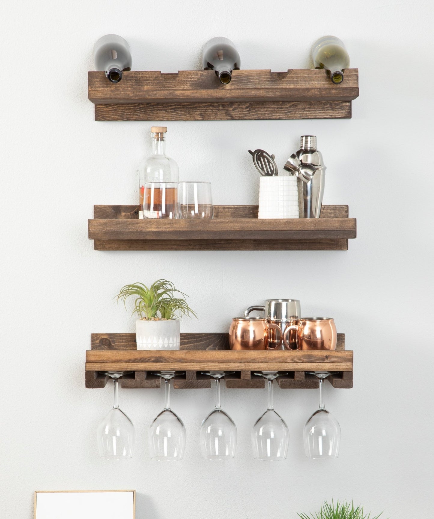 Rustic Luxe Three-tier Wall Mounted Wine Rack and Glass Stem Holder Set - Intrinsic Haven Wine Rack Dark Walnut 24"