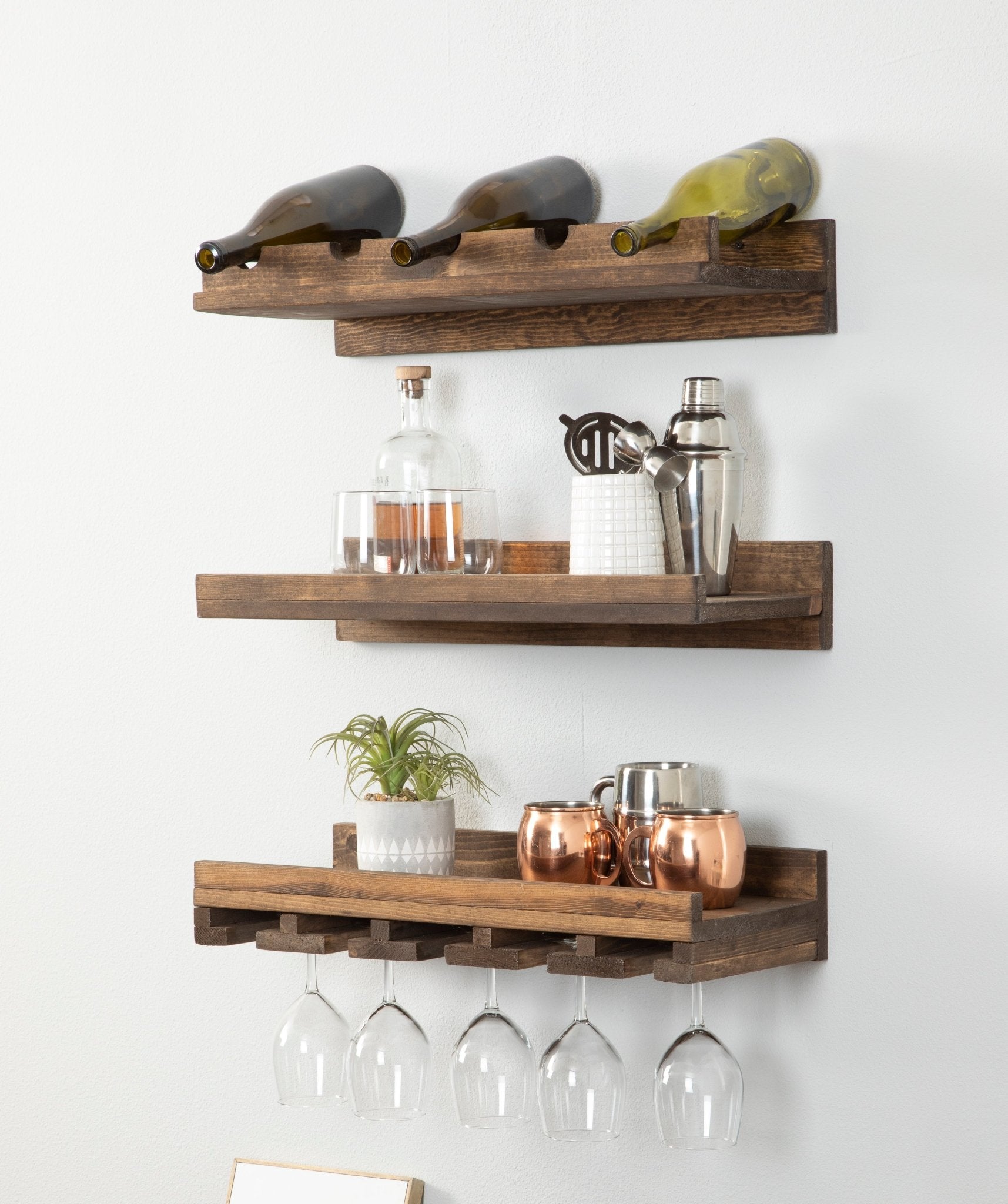 Rustic Luxe Three-tier Wall Mounted Wine Rack and Glass Stem Holder Set - Intrinsic Haven Wine Rack Dark Walnut 24"