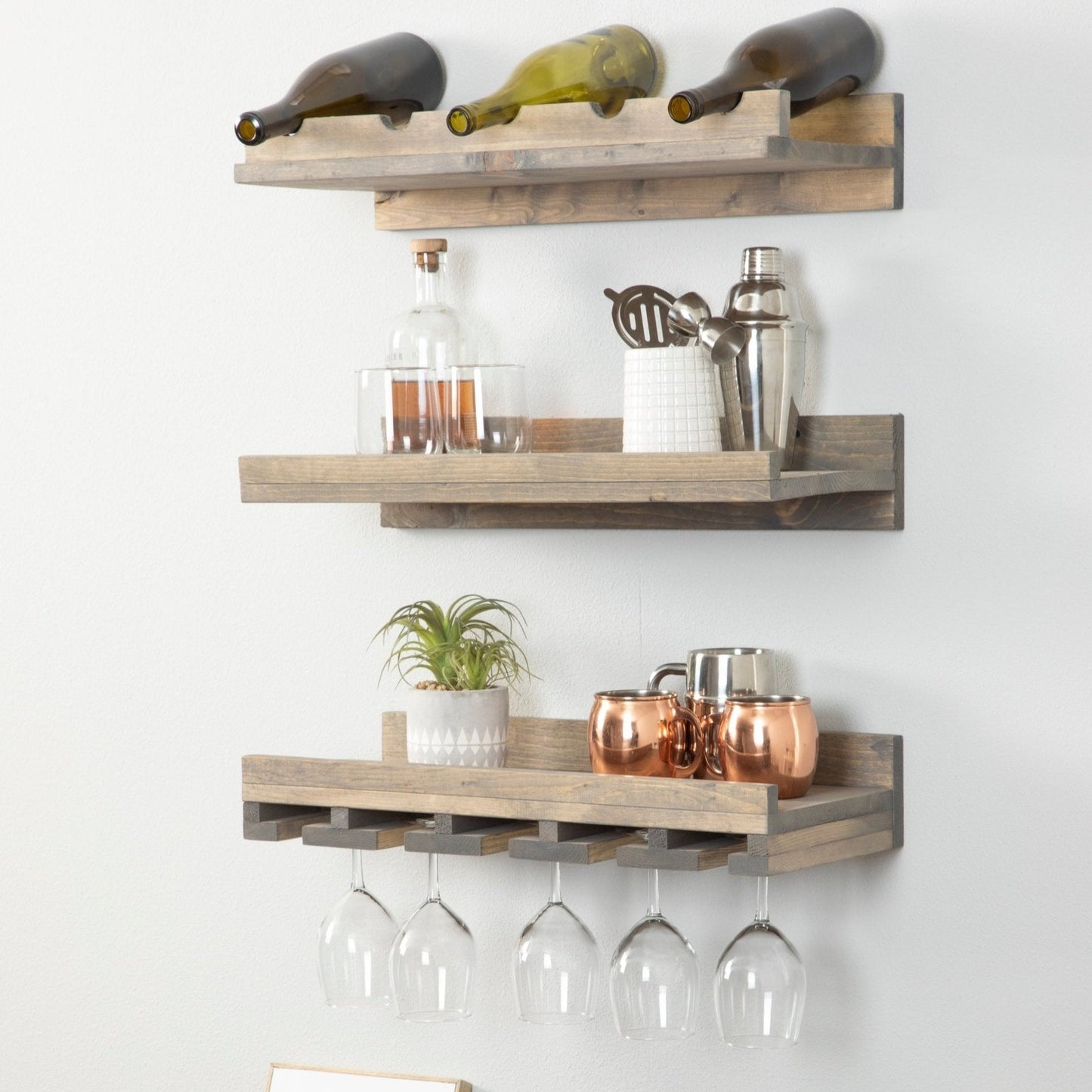 Rustic Luxe Three-tier Wall Mounted Wine Rack and Glass Stem Holder Set - Intrinsic Haven Wine Rack Grey 24"