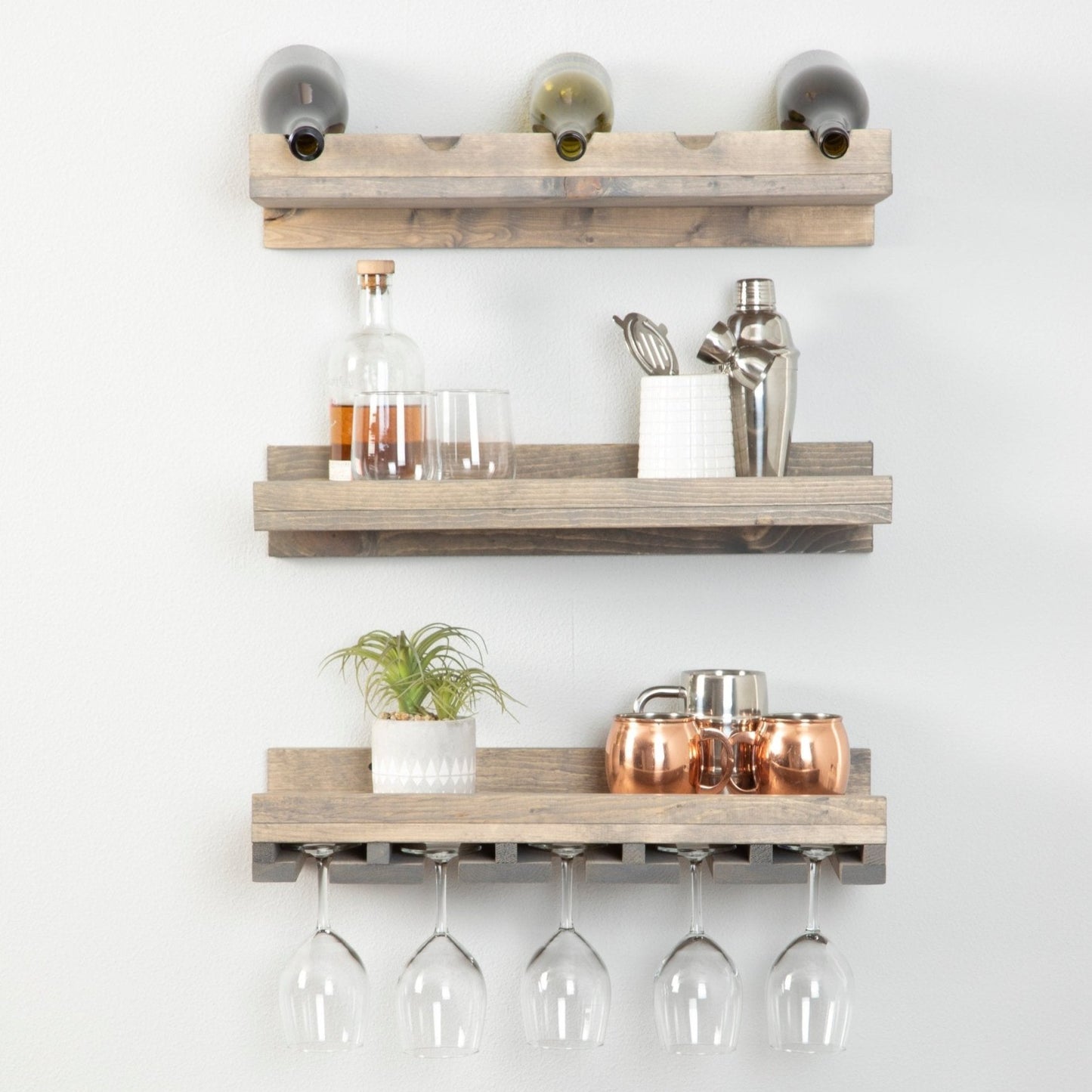 Rustic Luxe Three-tier Wall Mounted Wine Rack and Glass Stem Holder Set - Intrinsic Haven Wine Rack Grey 24"