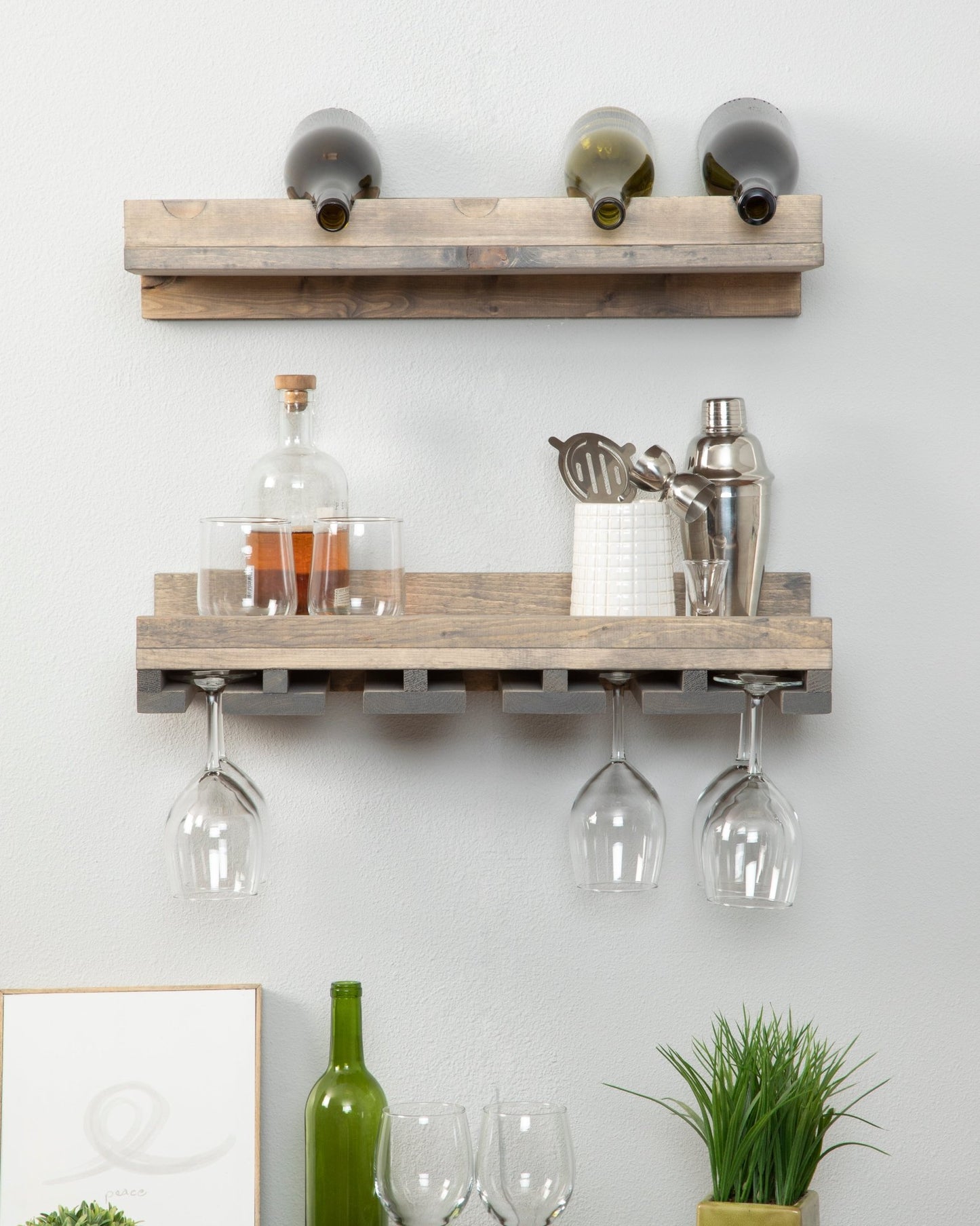 Rustic Luxe Tiered Wall Mounted Wine Rack and Glass Stem Holder Set - Intrinsic Haven Wine Rack 20" Grey