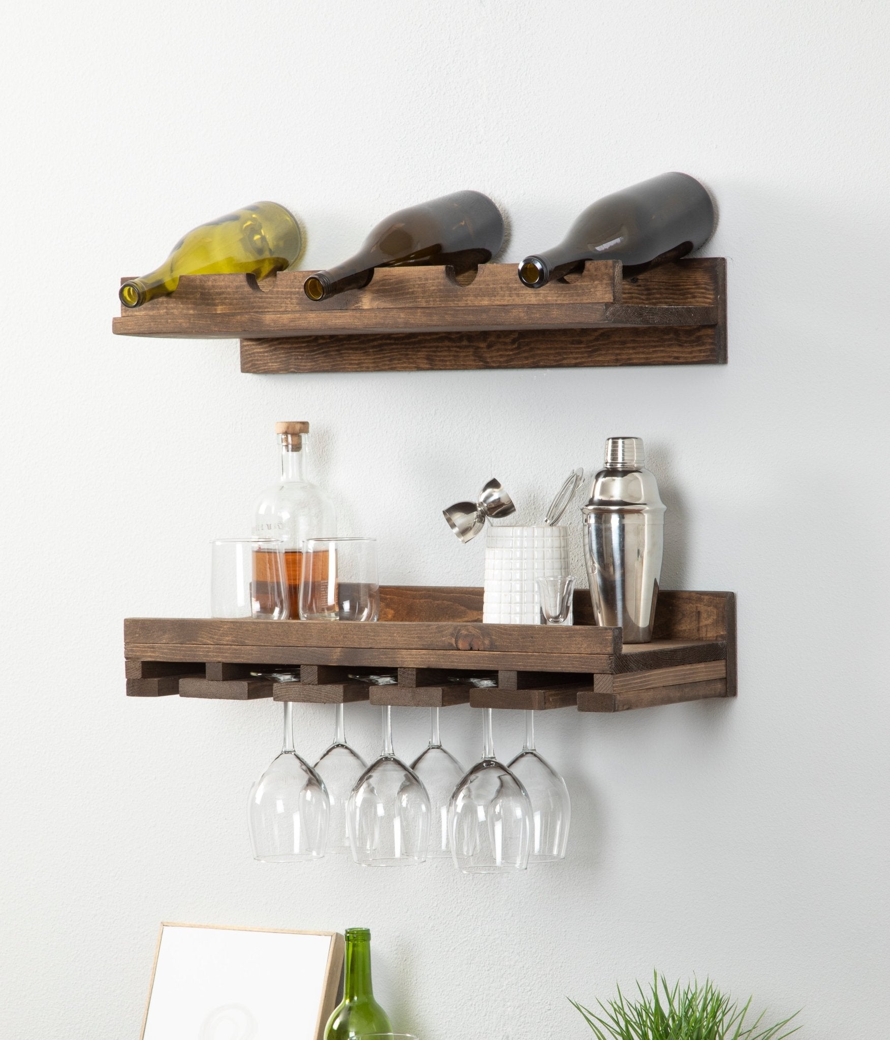 Rustic Luxe Tiered Wall Mounted Wine Rack and Glass Stem Holder Set - Intrinsic Haven Wine Rack 20" Dark Walnut