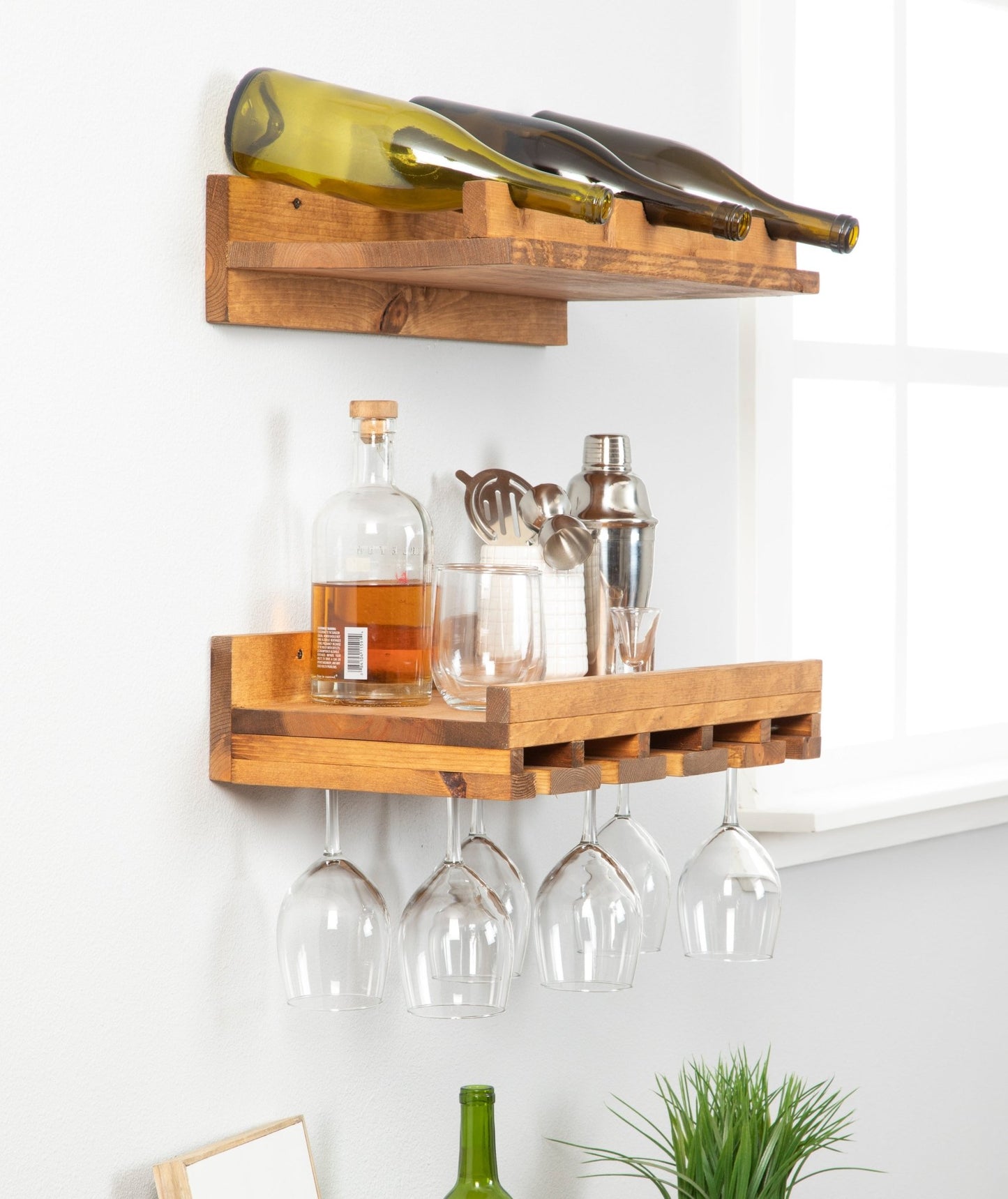 Rustic Luxe Tiered Wall Mounted Wine Rack and Glass Stem Holder Set - Intrinsic Haven Wine Rack 20" Walnut