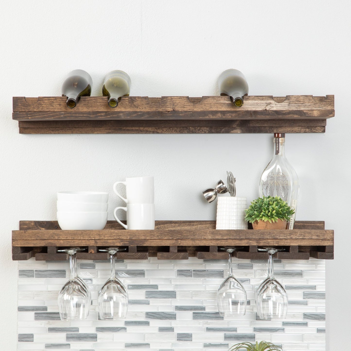 Rustic Luxe Tiered Wall Mounted Wine Rack and Glass Stem Holder Set - Intrinsic Haven Wine Rack 30" Dark Walnut