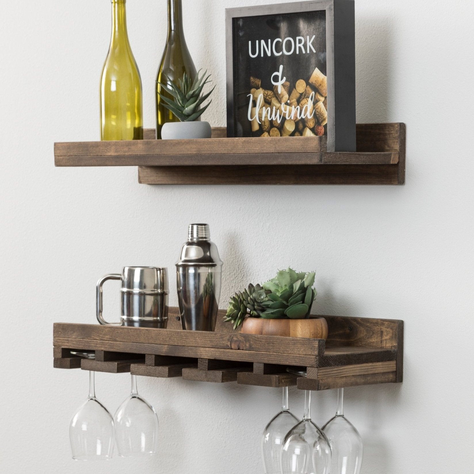 Rustic Luxe Wall Mounted Wine Rack/Glass Stem Holder - Intrinsic Haven Wine Rack 20" Dark Walnut