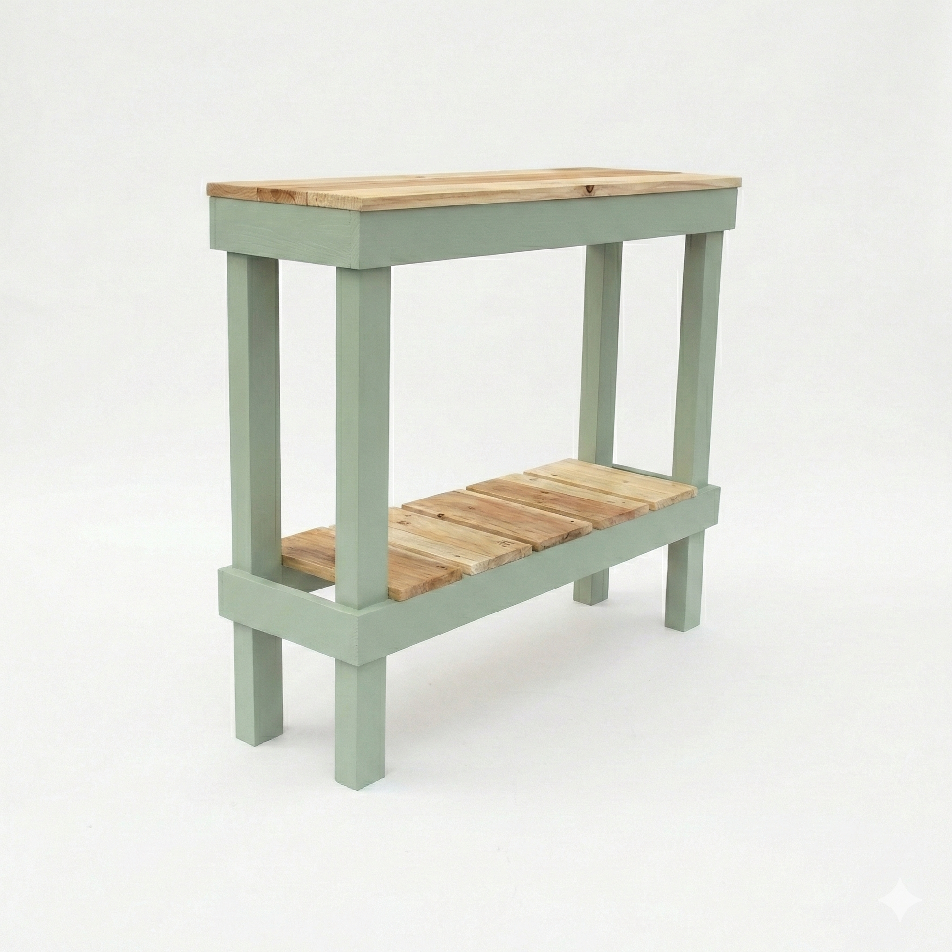 Solid wood handmade console table in navy blue with natural wood top and lower shelf, modern rustic furniture.