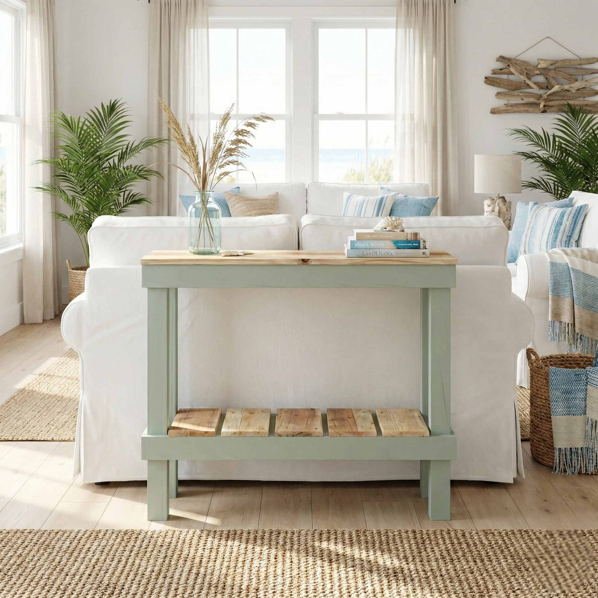 Solid wood handmade console table in navy blue with natural wood top and lower shelf, modern rustic furniture.