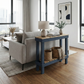 Solid wood handmade console table in navy blue with natural wood top and lower shelf, modern rustic furniture.