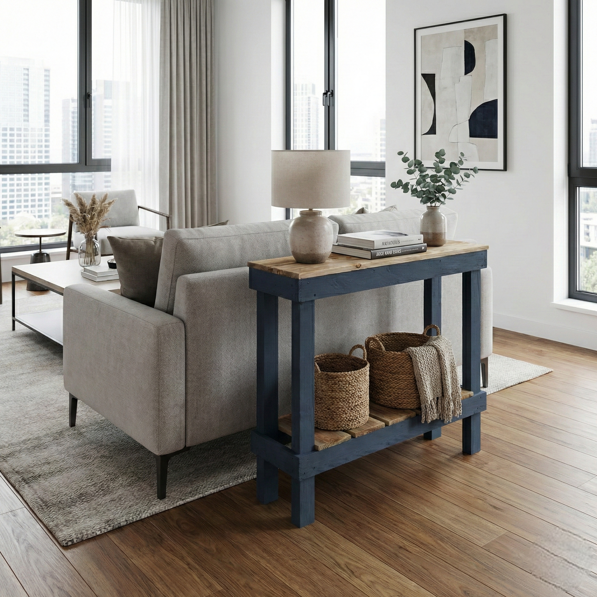Solid wood handmade console table in navy blue with natural wood top and lower shelf, modern rustic furniture.