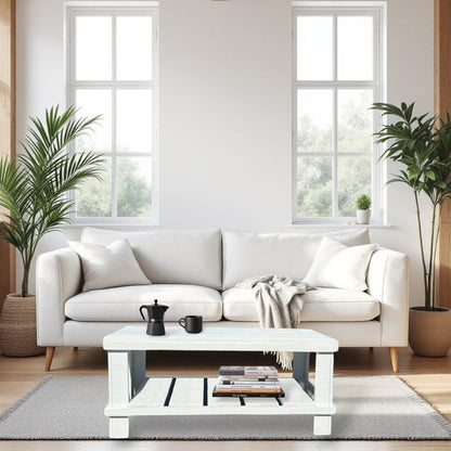 Farmhouse rustic solid wood coffee table with floating shelf, natural finish, handmade wood furniture.