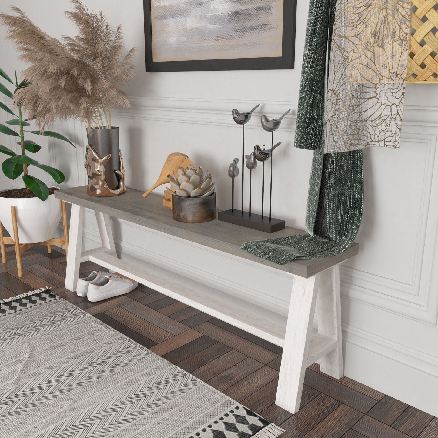 Simple Farmhouse Solid Wood Entry Bench - Intrinsic Haven Benches 12"D x 48"L x 20.5"H Gray/White