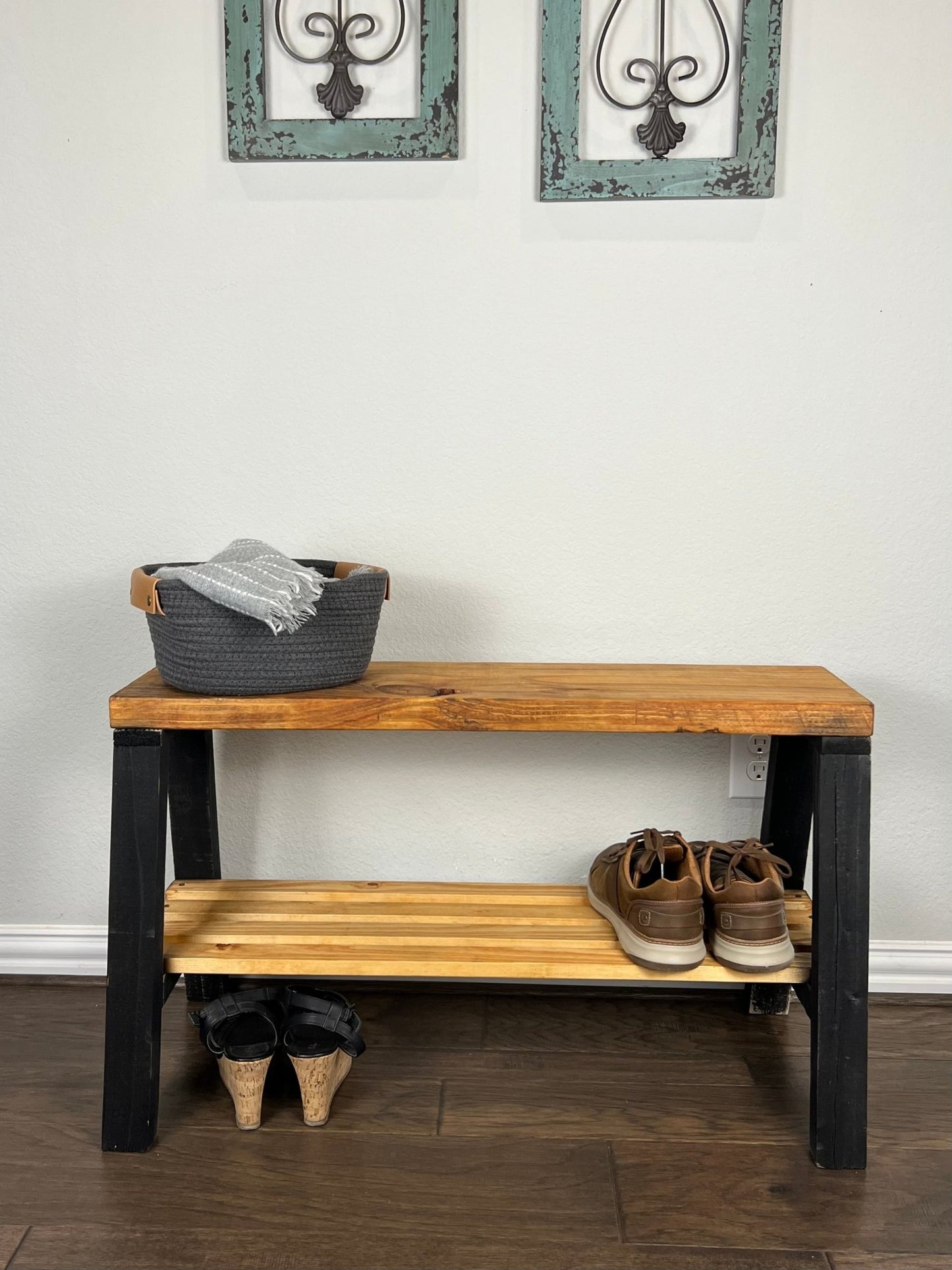 Solid Pine Wood Contemporary Shelf Storage Entryway Bench - Intrinsic Haven Benches Black