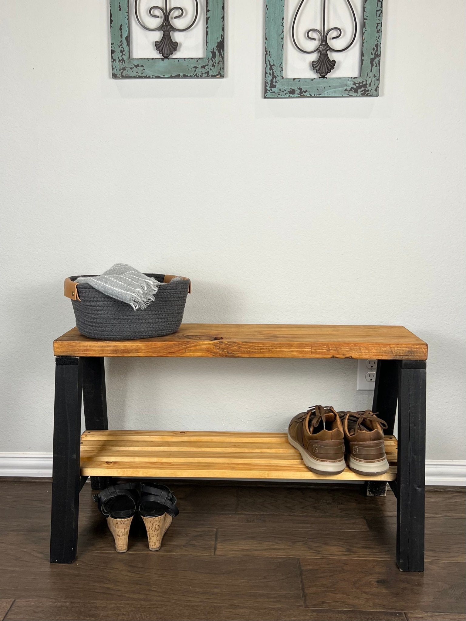 Solid Pine Wood Contemporary Shelf Storage Entryway Bench - Intrinsic Haven Benches Black