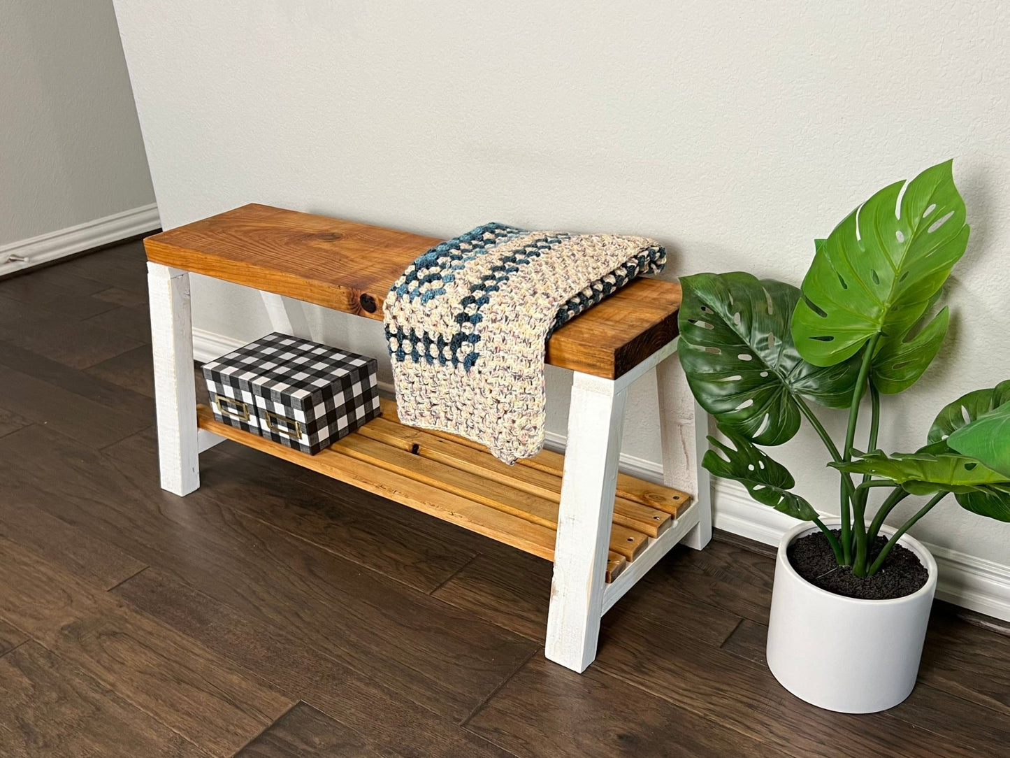 Solid Pine Wood Contemporary Shelf Storage Entryway Bench - Intrinsic Haven Benches White