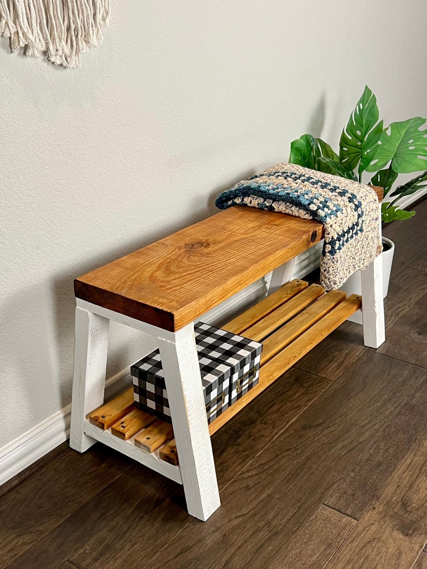 Solid Pine Wood Contemporary Shelf Storage Entryway Bench - Intrinsic Haven Benches White