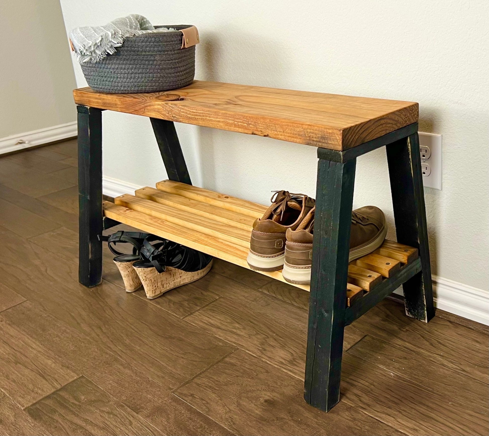 Solid Pine Wood Contemporary Shelf Storage Entryway Bench - Intrinsic Haven Benches Black