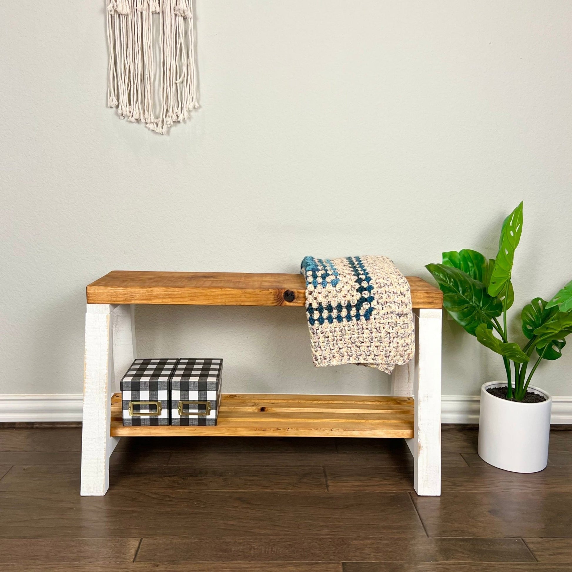 Solid Pine Wood Contemporary Shelf Storage Entryway Bench - Intrinsic Haven Benches Black