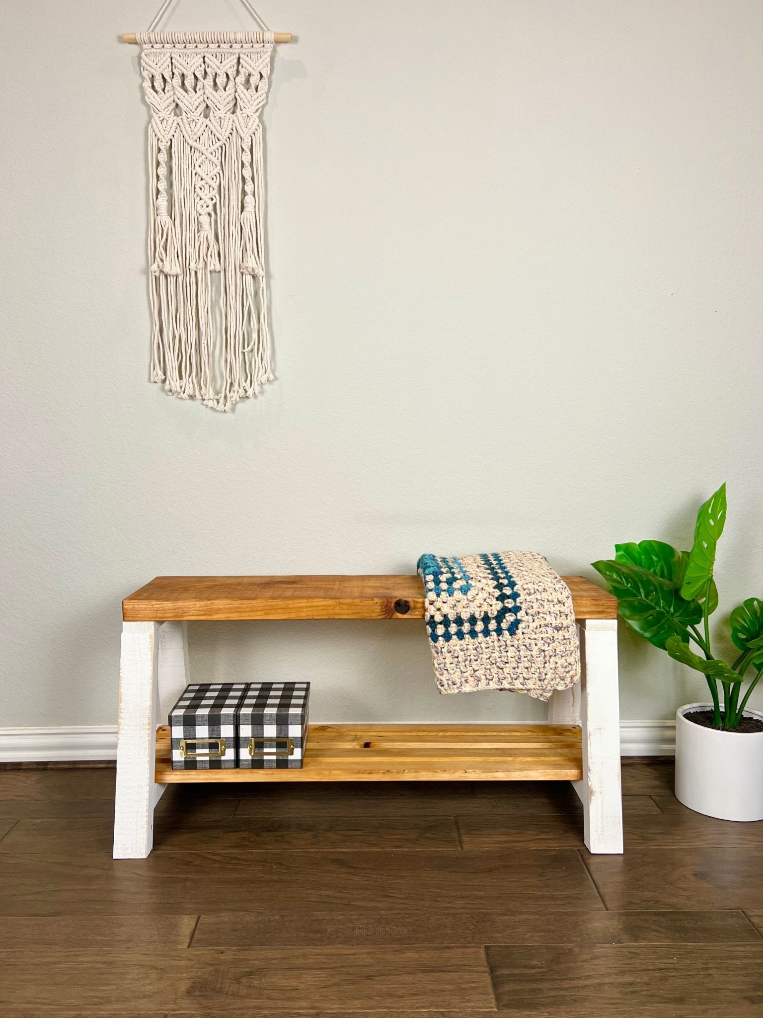 Solid Pine Wood Contemporary Shelf Storage Entryway Bench - Intrinsic Haven Benches Black