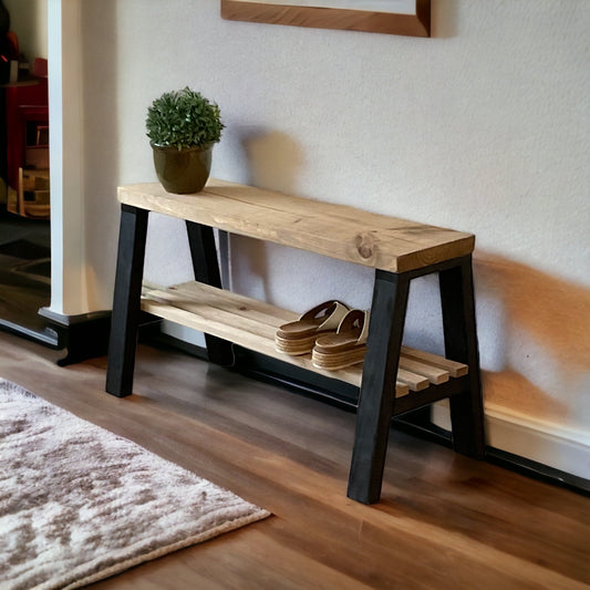 Solid Pine Wood Contemporary Shelf Storage Entryway Bench - Intrinsic Haven Benches Black