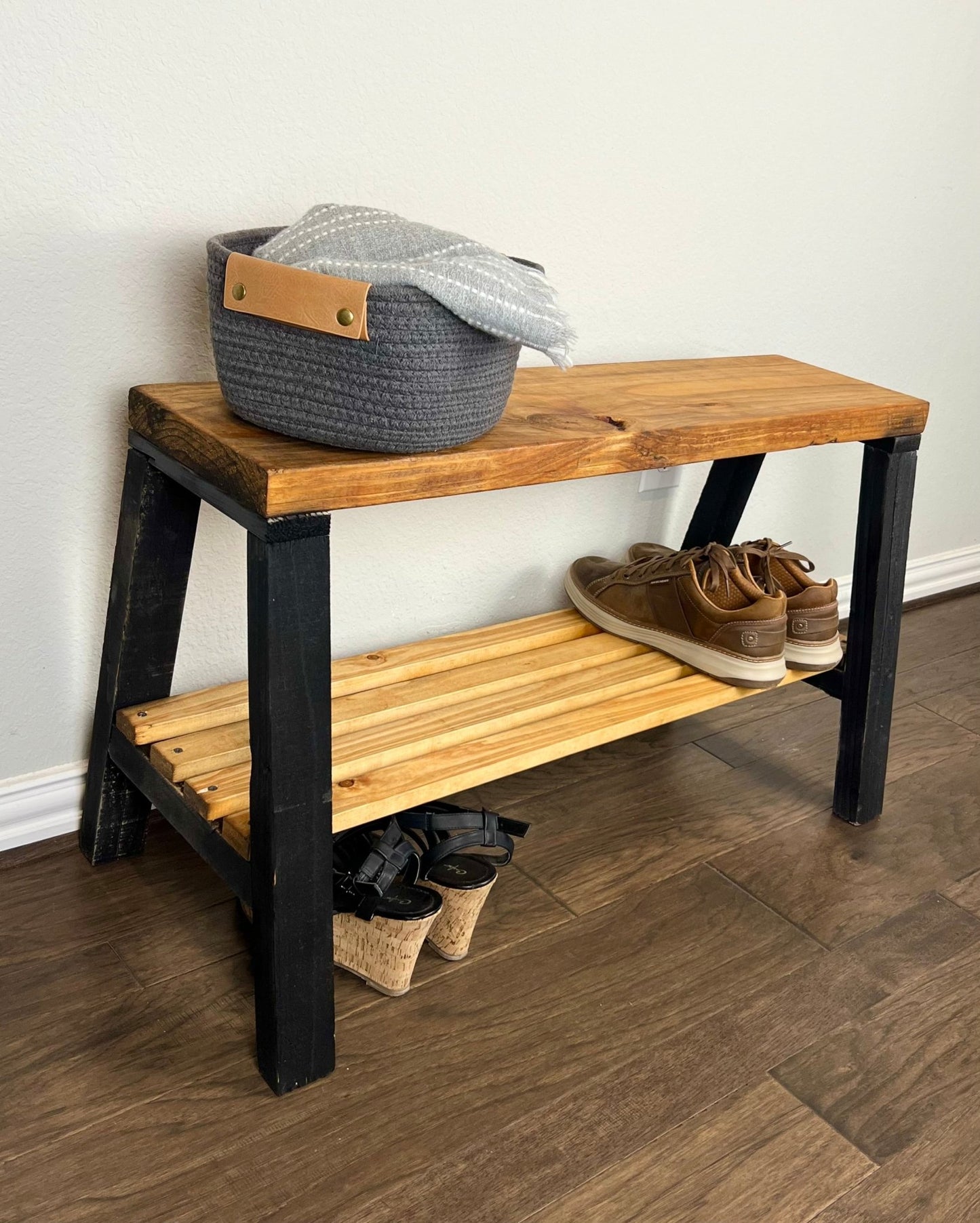 Solid Pine Wood Contemporary Shelf Storage Entryway Bench - Intrinsic Haven Benches Black