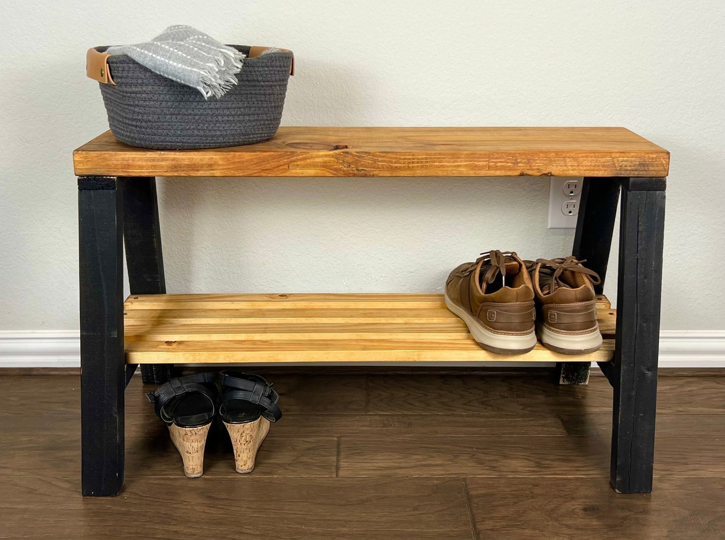 Solid Pine Wood Contemporary Shelf Storage Entryway Bench - Intrinsic Haven Benches Black