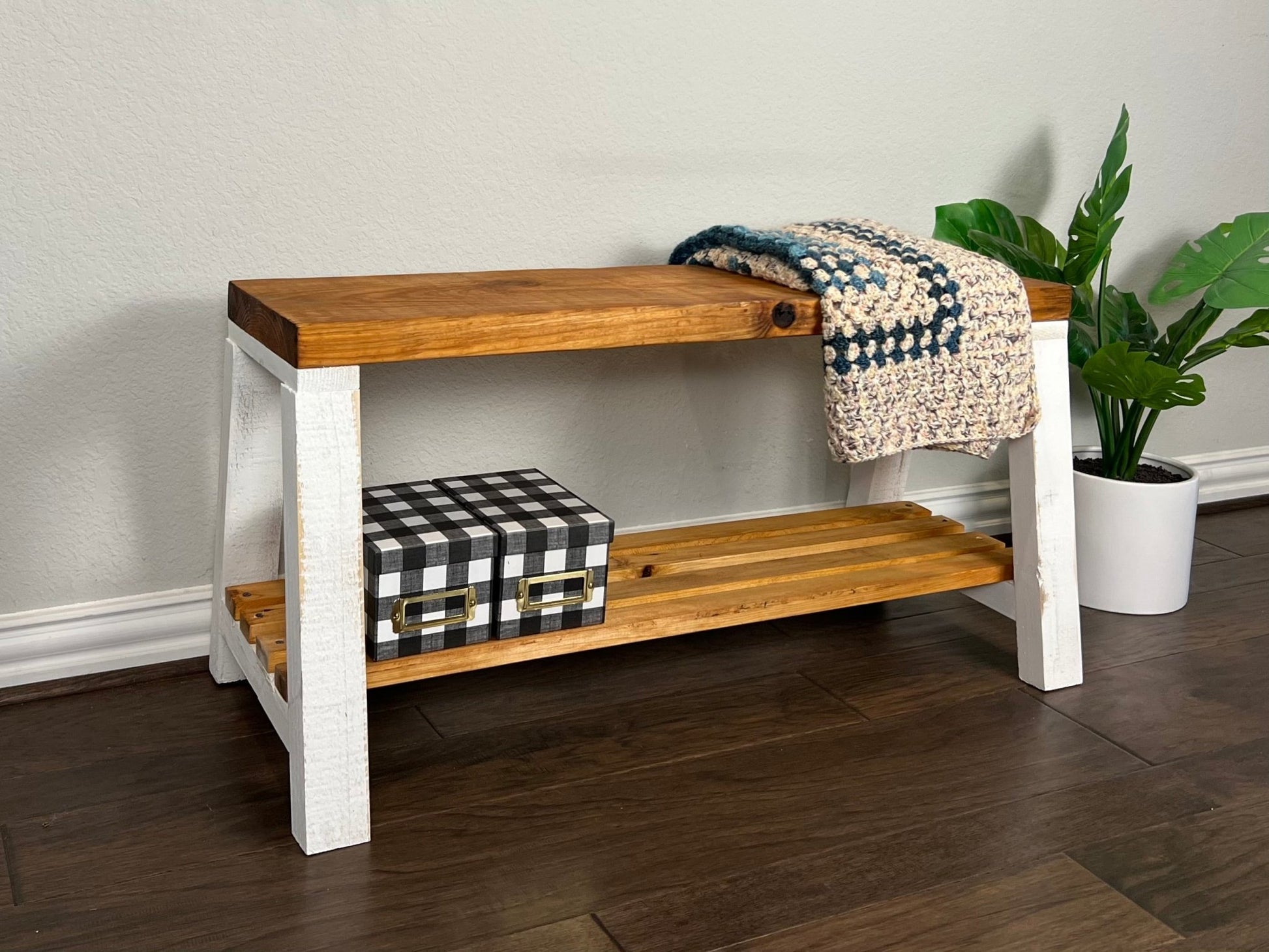 Solid Pine Wood Contemporary Shelf Storage Entryway Bench - Intrinsic Haven Benches White