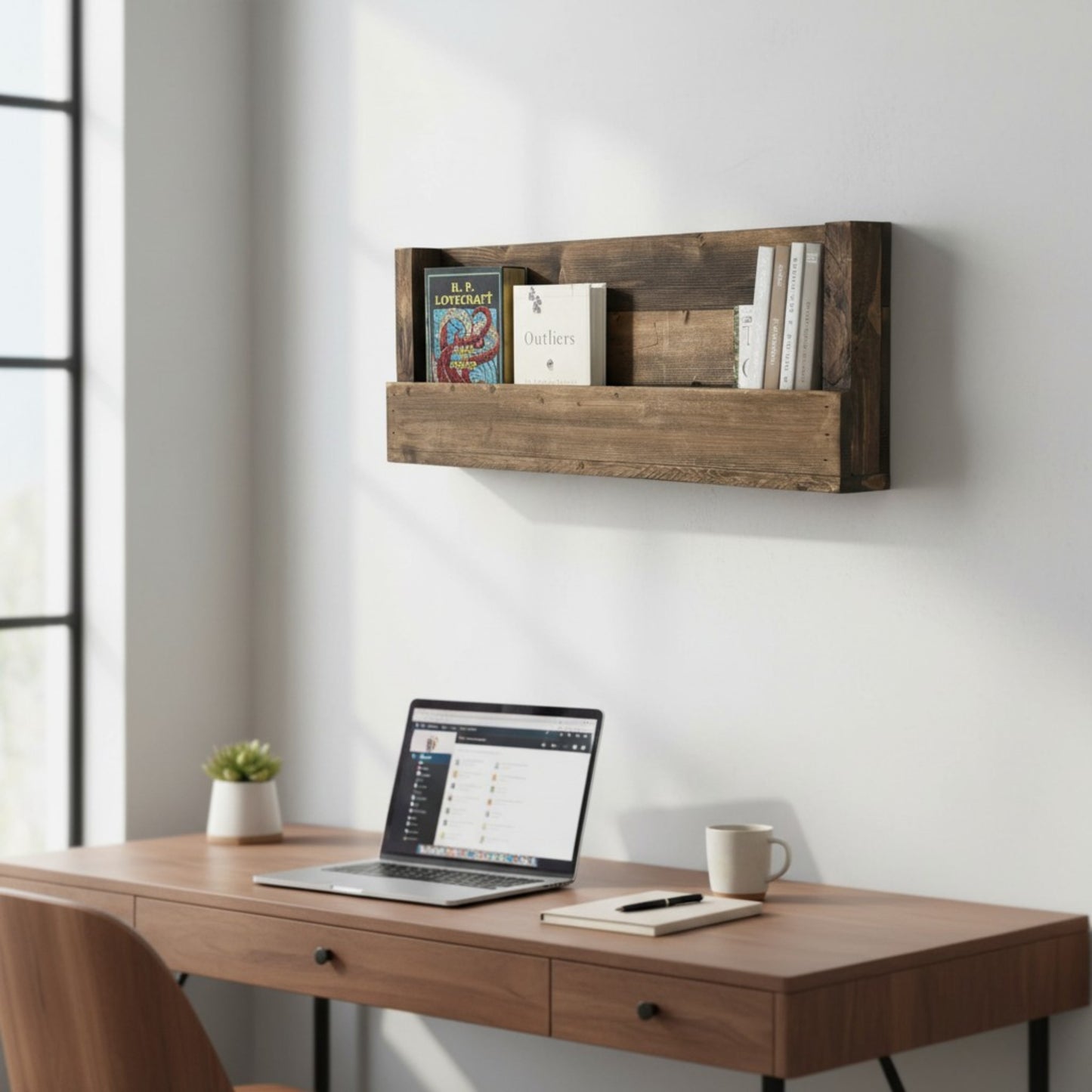Horizon Rustic Wall-Mounted Bookshelf | Solid Wood Floating Book Ledge Display Shelf